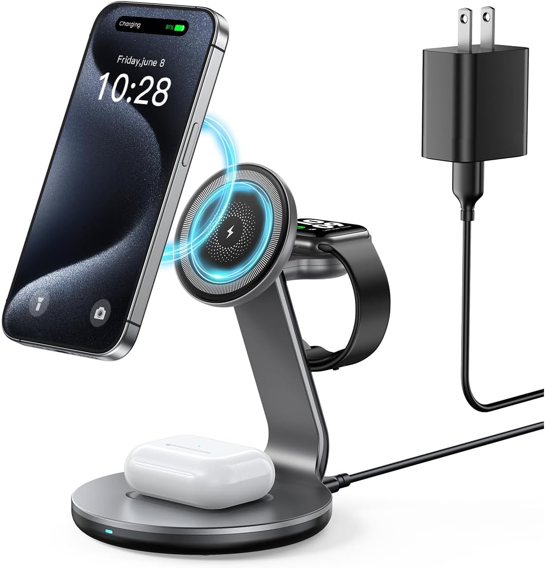 3 in 1 Charging Station Compatible with Magsafe Charger Wireless Charger Stand for iPhone 16 15 14 13 12 Series Wireless Charging Station for AirPods Wireless Charging Stand for iWatch Series