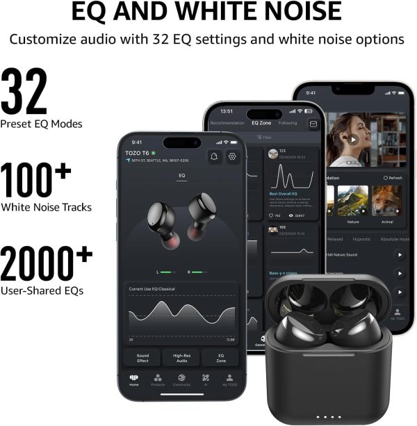 TOZO T6 True Wireless Earbuds Bluetooth 5.3 Headphones 45H Long Playtime, Wireless Charging Case, IPX8 Waterproof Stereo Earphones, Built-in Mic Calls, Headset Premium Deep Bass 32 Preset EQs via APP - Image 5