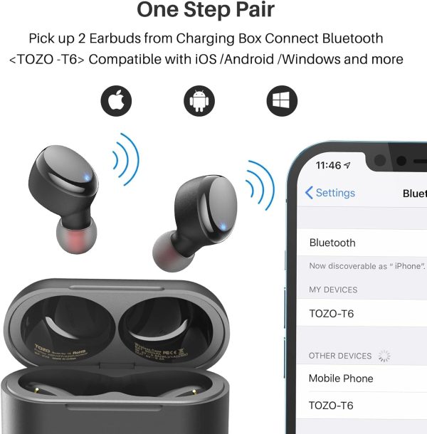 TOZO T6 True Wireless Earbuds Bluetooth 5.3 Headphones 45H Long Playtime, Wireless Charging Case, IPX8 Waterproof Stereo Earphones, Built-in Mic Calls, Headset Premium Deep Bass 32 Preset EQs via APP - Image 6